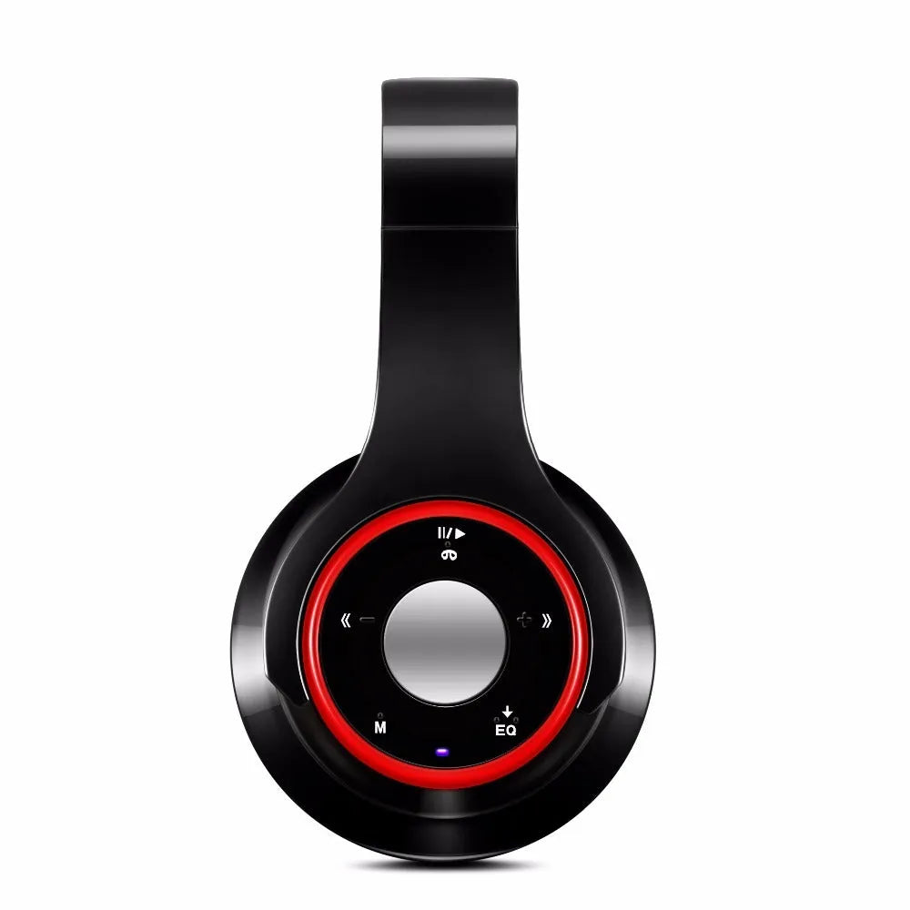 Blue foldable Bluetooth headset with adjustable hinges showing 3.5mm jack and USB port