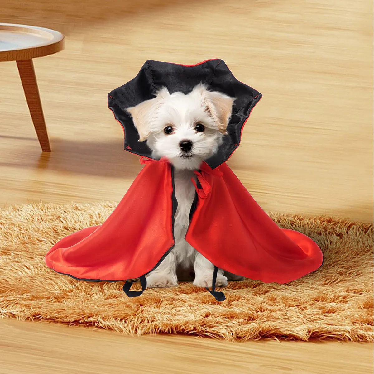 Red Halloween cape costume for a small dog or cat on a mannequin
