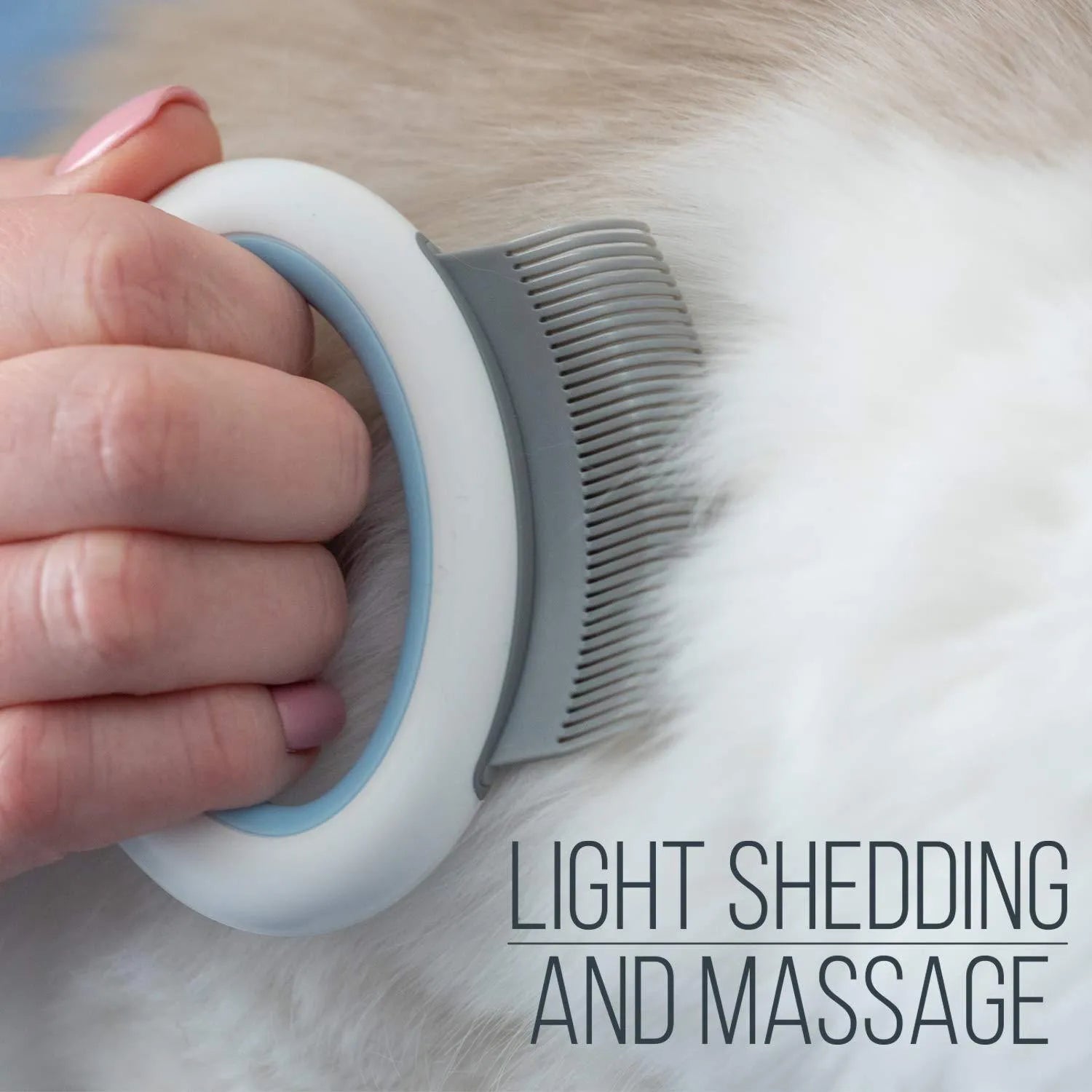 Blue plastic pet grooming comb for deshedding and dematting cat and dog hair on a white background.