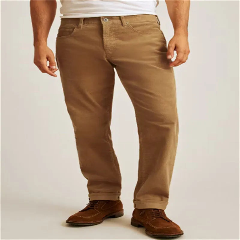 Corduroy straight-leg trousers in army green colour with mid-waist design and zip fly closure