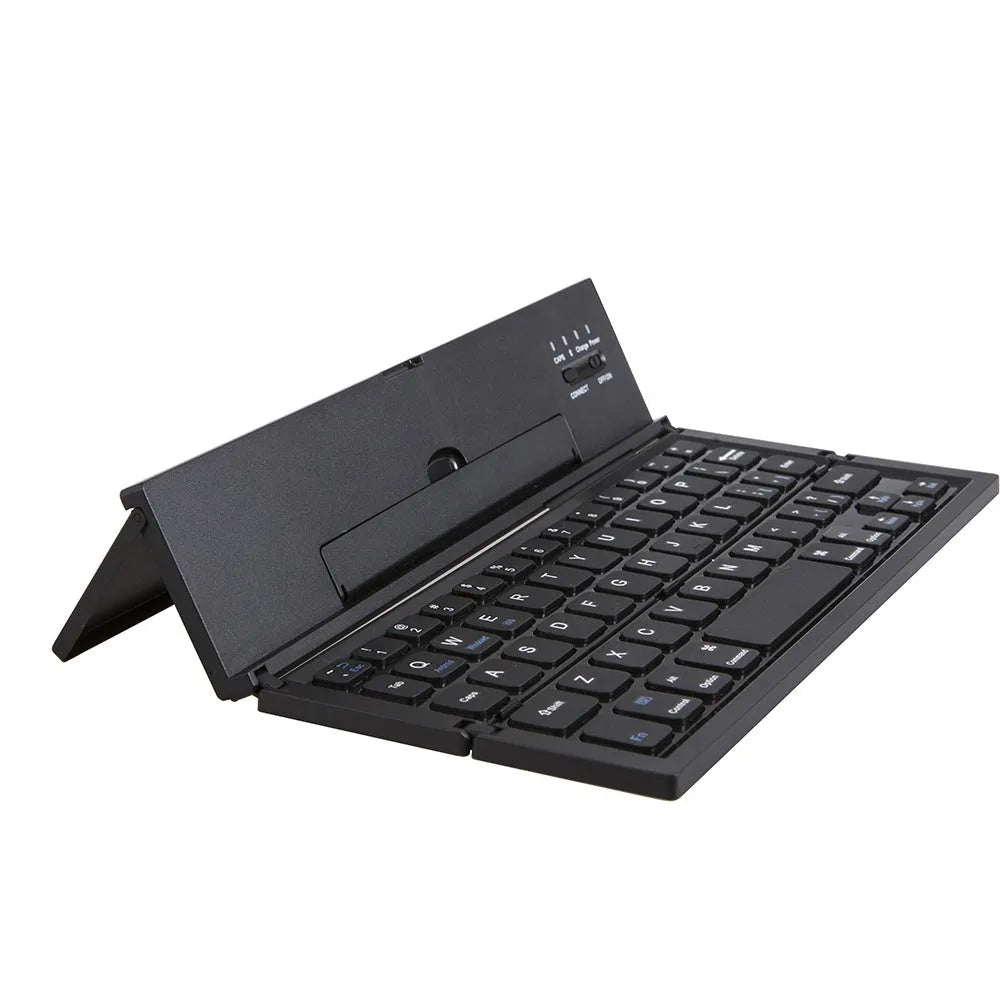 Black folding Bluetooth keyboard for tablets with aluminium bottom cover in open position