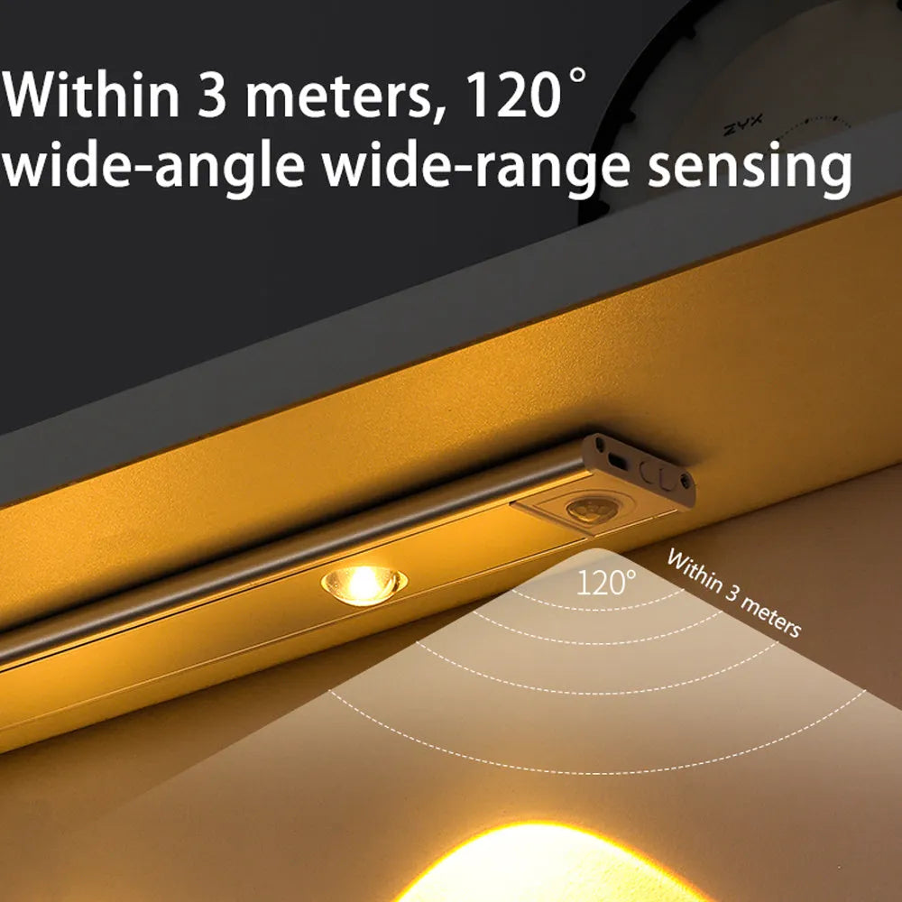 Thin silver aluminium USB rechargeable LED light strip with motion sensor for cabinet mounting