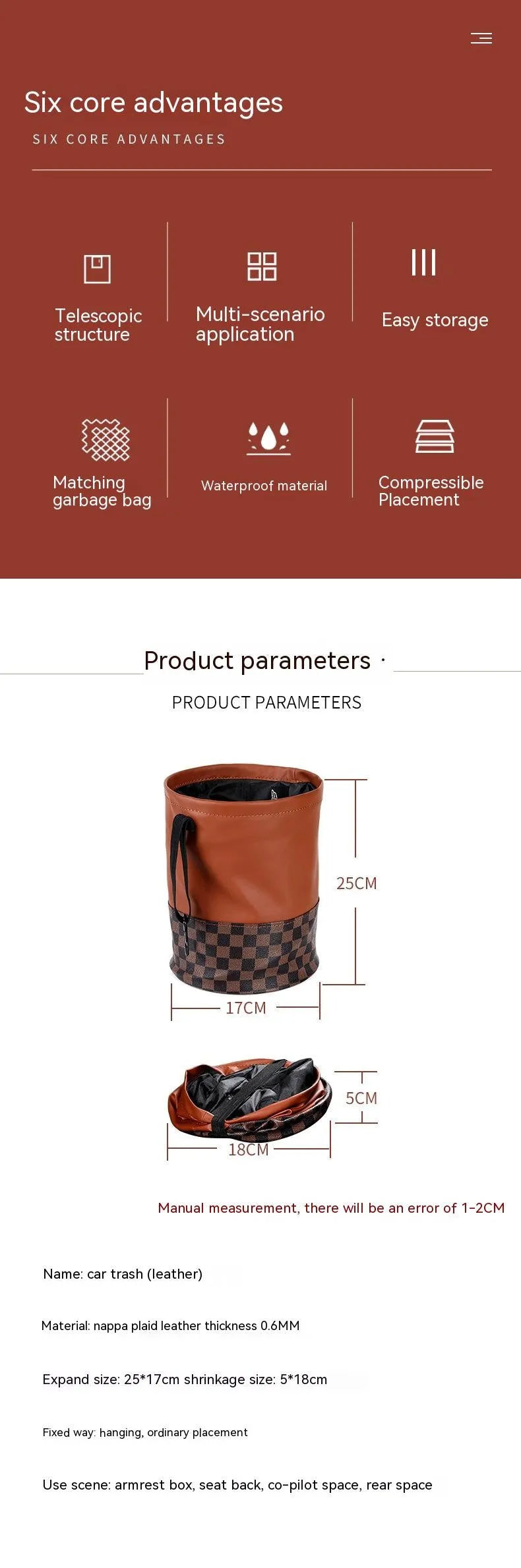 Black retractable leather car trash can with folding design and carry handle