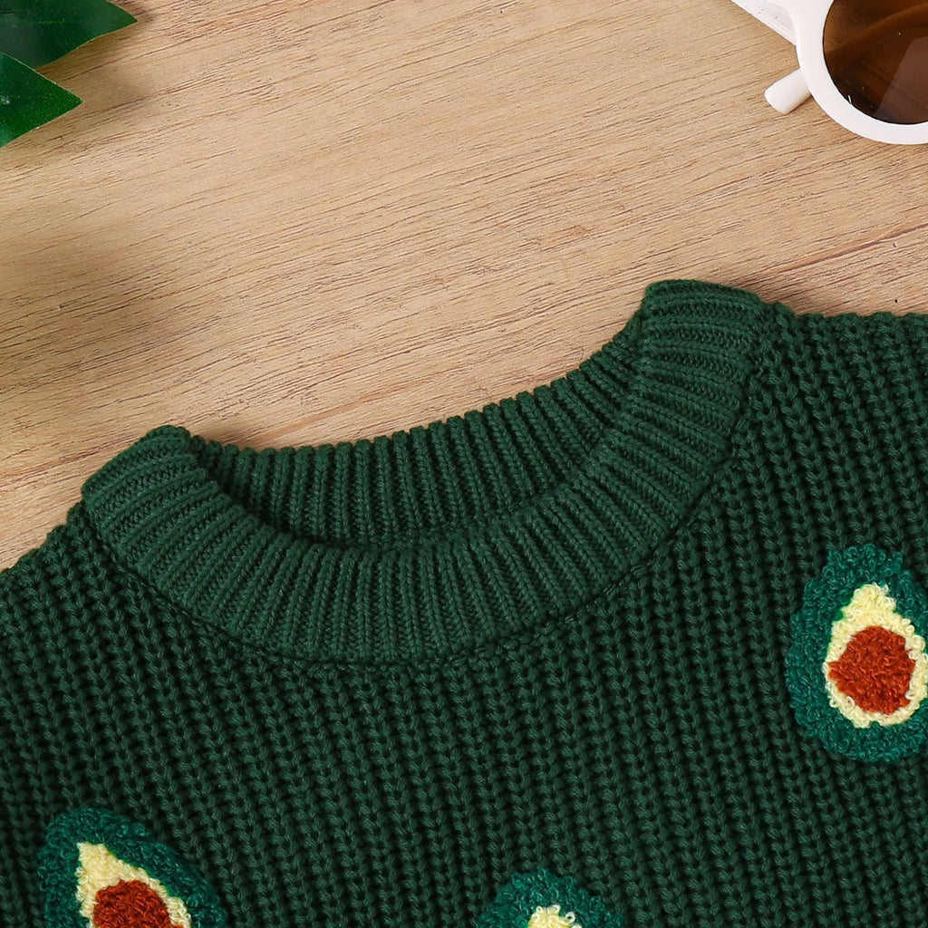 Children's cotton long-sleeve sweater with green cartoon avocado embroidery, pullover style, winter unisex top