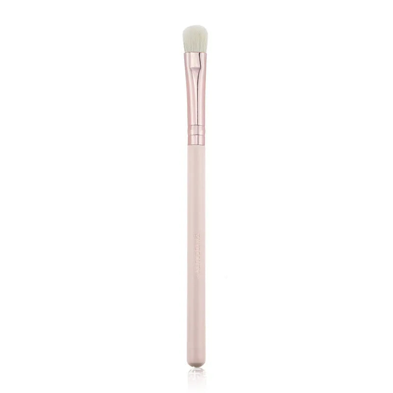 26 pink wooden-handle makeup brushes arranged in a grey PU zip case.