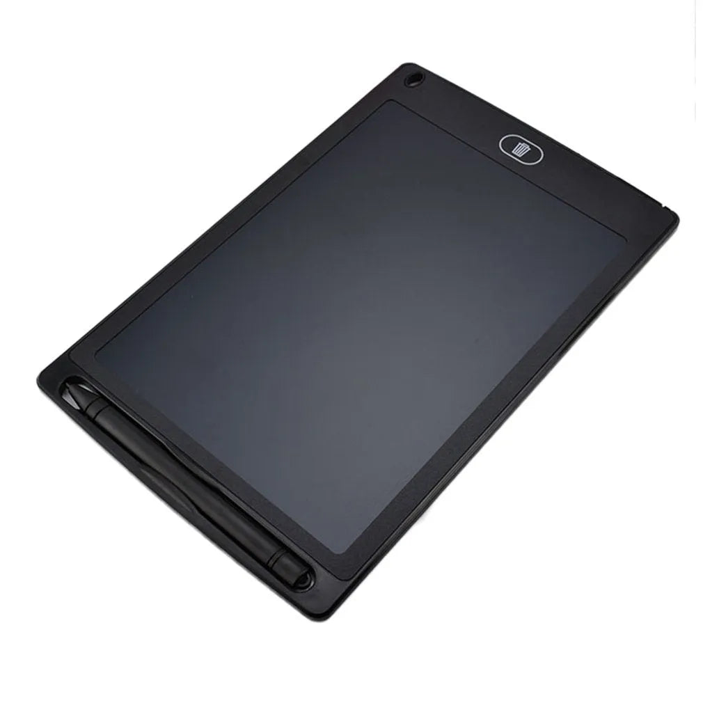 LCD electronic handwriting board for children in blue, showing stylus and erase button.