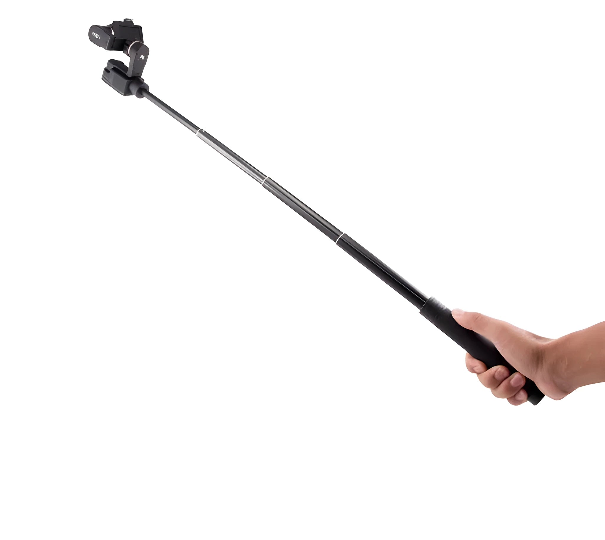 Black retractable metal selfie stick with hand-held stabilizer extended for smartphone photography