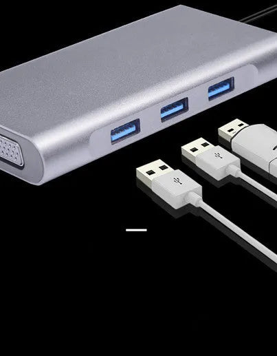 Silver 10-in-1 USB-C docking hub for MacBook with multiple ports including HDMI, USB, and SD card slots.