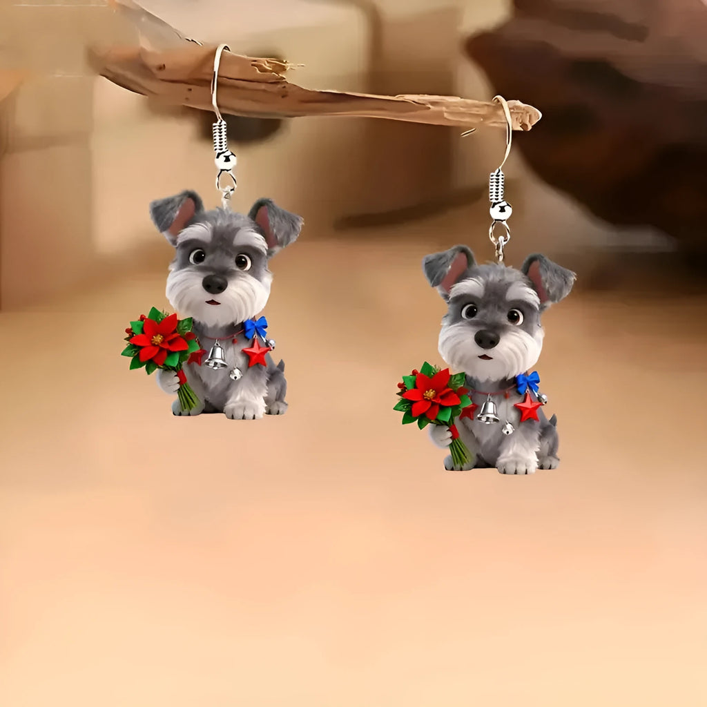 Pair of flat cartoon Schnauzer dog earrings made of acrylic in a Christmas style on white background