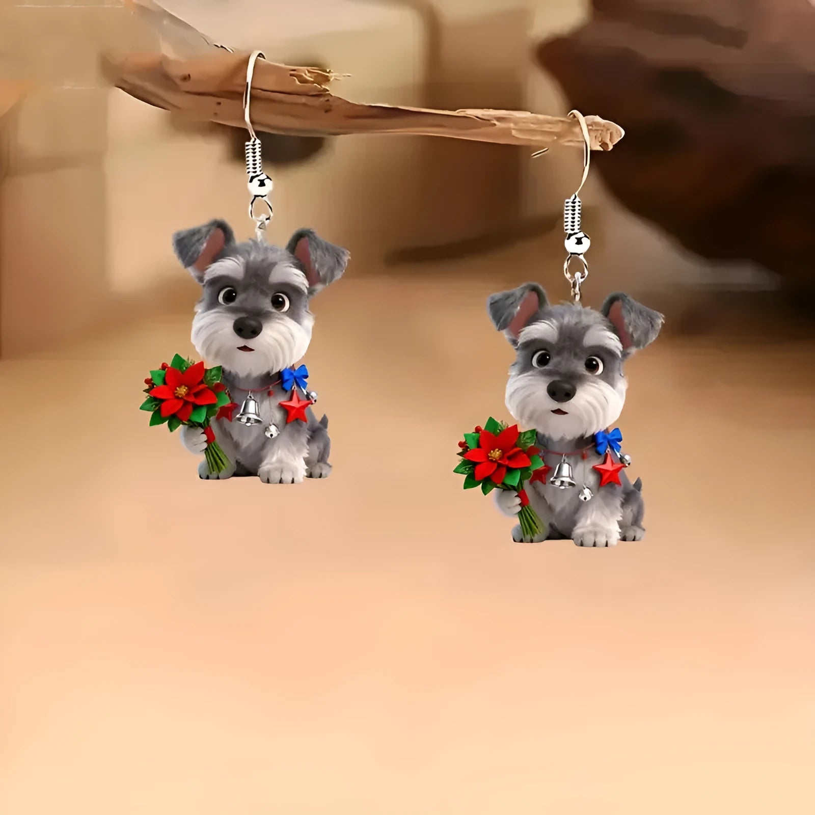 Pair of flat cartoon Schnauzer dog earrings made of acrylic in a Christmas style on white background