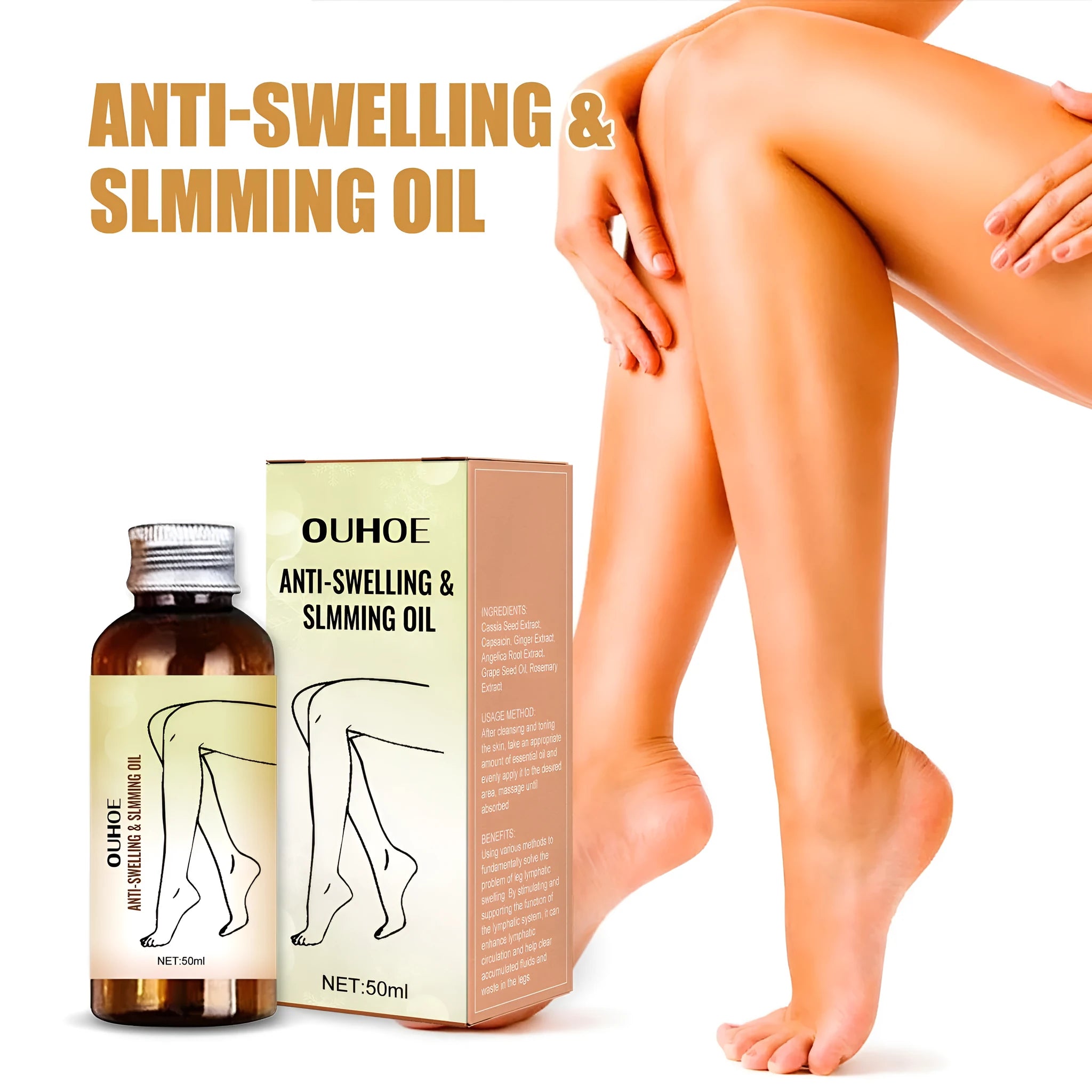 50ml bottle of moisturising body oil with six botanical extracts for skin care and leg massage