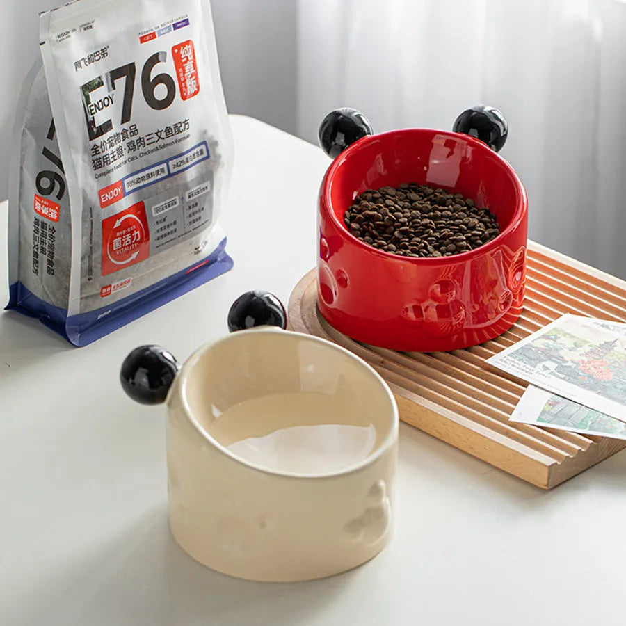 Ceramic high-footed double pet bowl with tilted anti-spill stand, in white, for cats and dogs