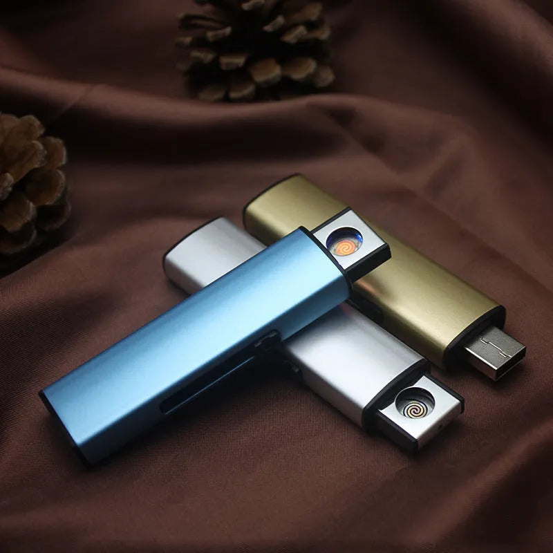 Set of 20 rechargeable metal windproof cigarette lighters in assorted colours.