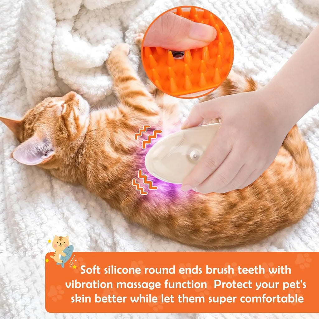 Yellow 4-in-1 cat steam brush with silicone teeth, water tank, and UV ringworm detector lamp