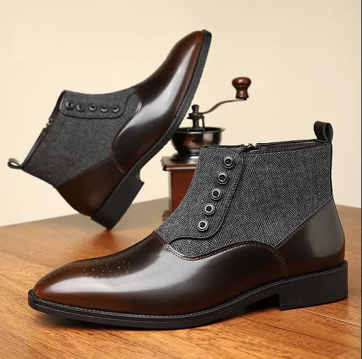 Men's brown retro-style formal leather shoes with side zipper and square toe on a white background.