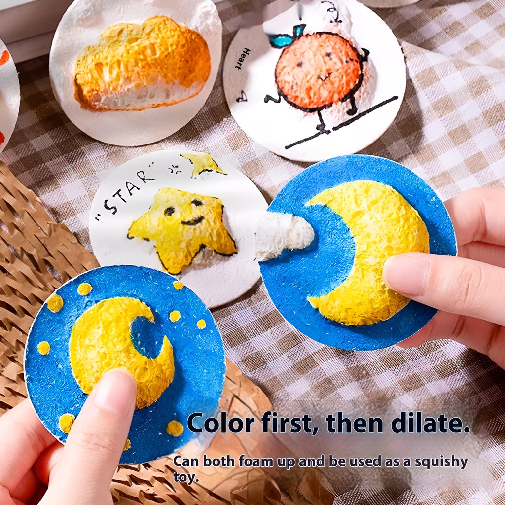 Cartoon wood pulp paper set with heart, round, and square shapes plus six fountain pens for artistic projects