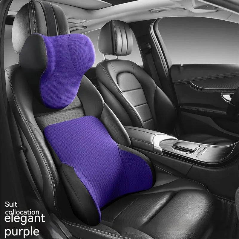 Memory foam car lumbar support pillow and matching headrest cover in knitted fabric