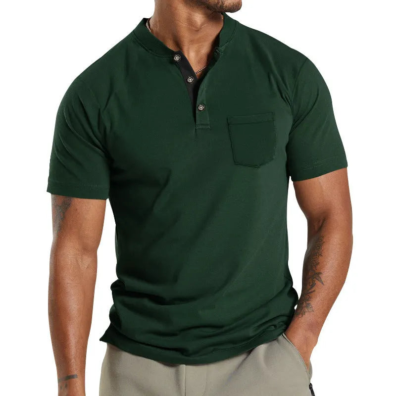 Plus size man wearing a solid colour short sleeve pullover shirt with a button chest pocket.