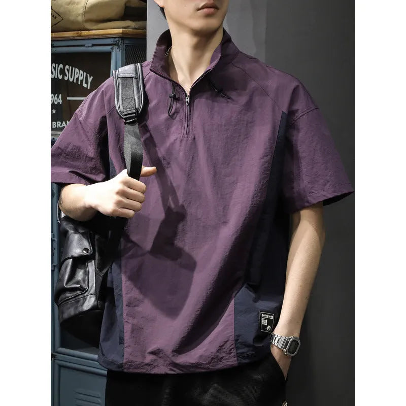 Men's brown half-zipped stand collar short sleeve casual shirt made from Ice Silk fabric.
