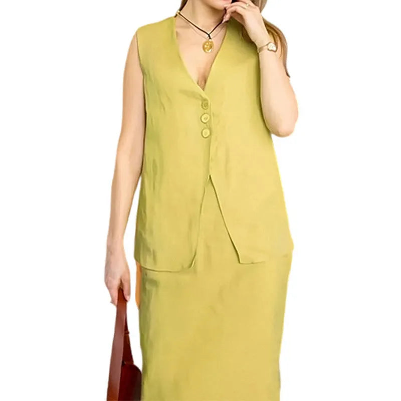 Women's blue casual two-piece set with sleeveless vest top and long skirt on hanger