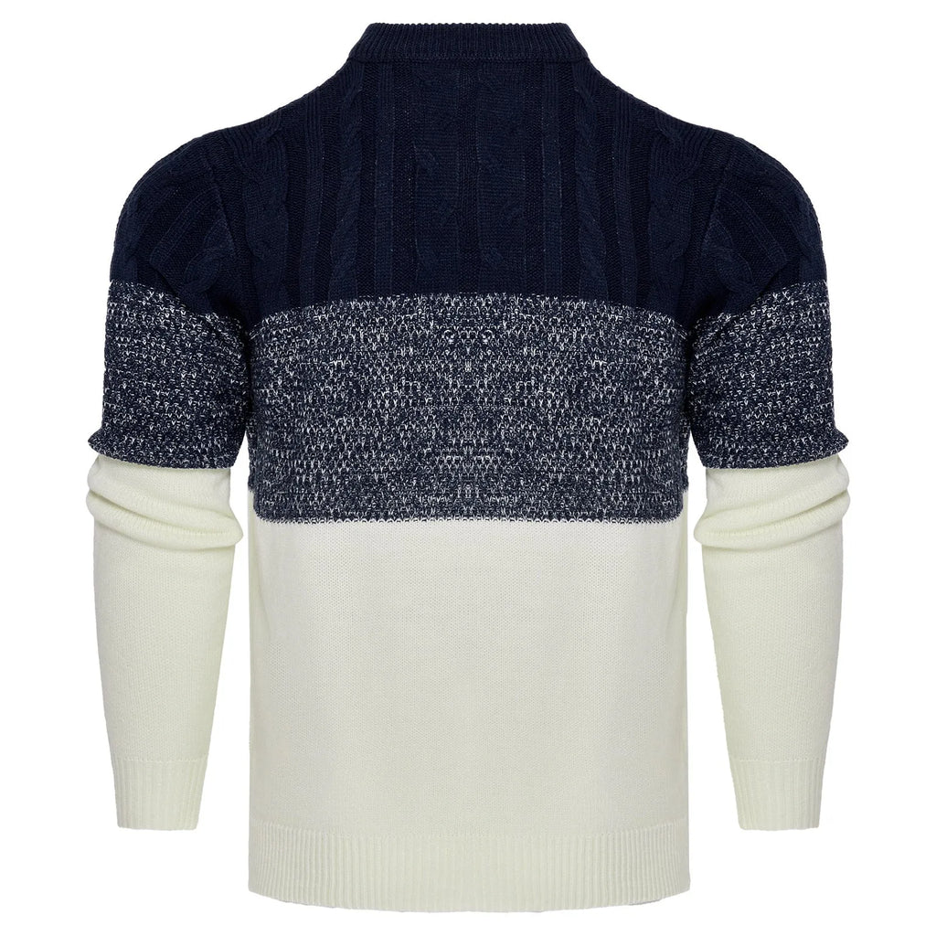 Men's knitted long-sleeve pullover sweater shown in multiple sizes and style variations.