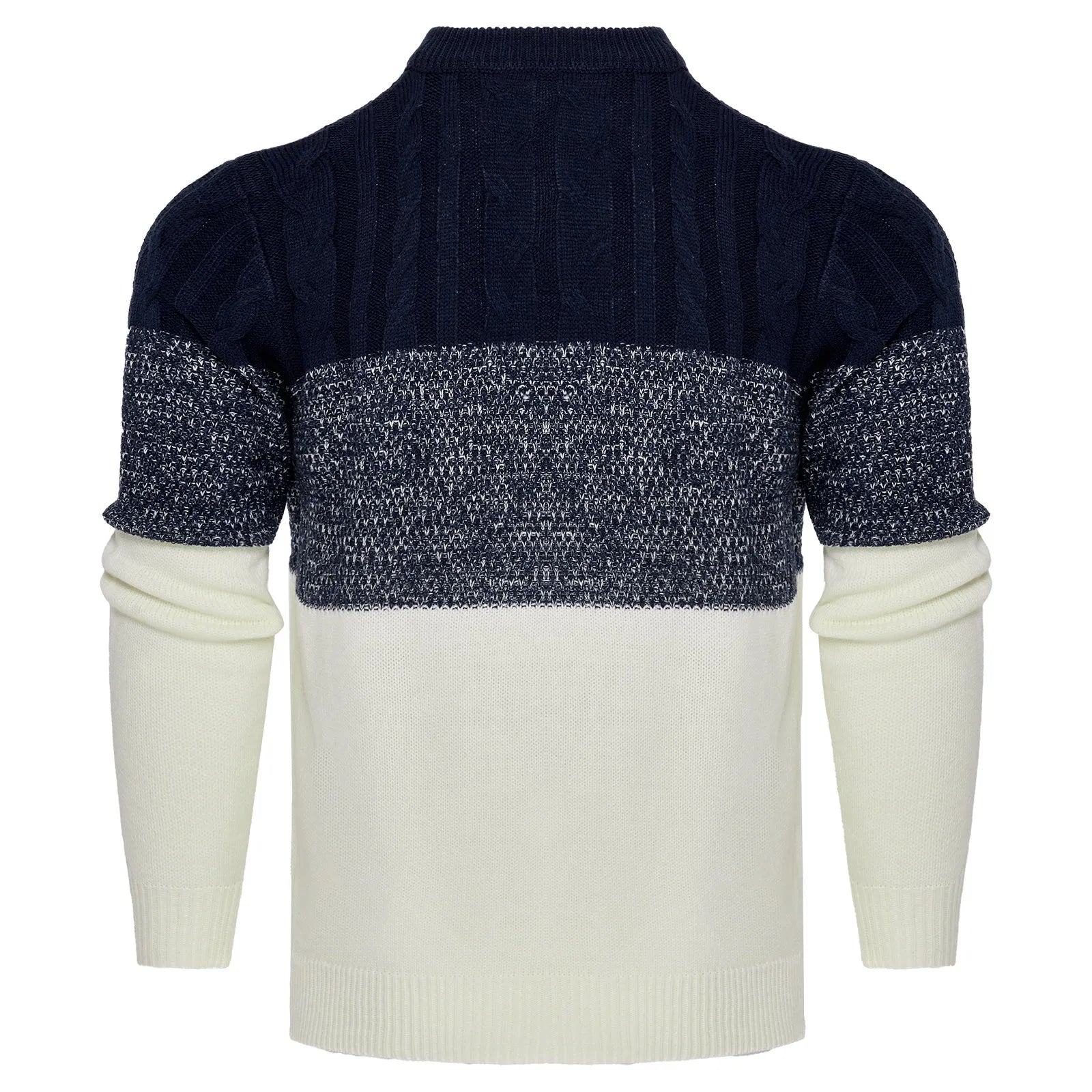 Men's knitted long-sleeve pullover sweater shown in multiple sizes and style variations.