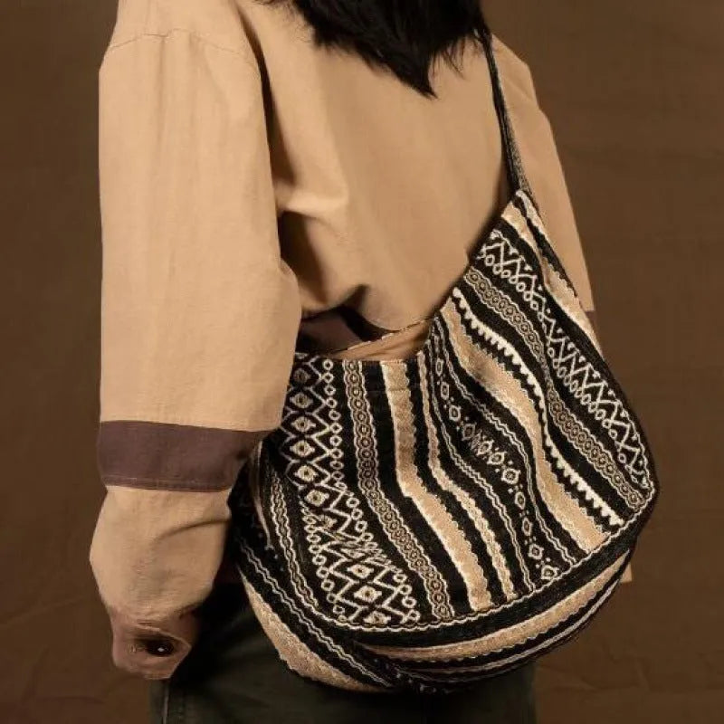 Corduroy jacquard vintage striped messenger bag with adjustable plaid shoulder strap
