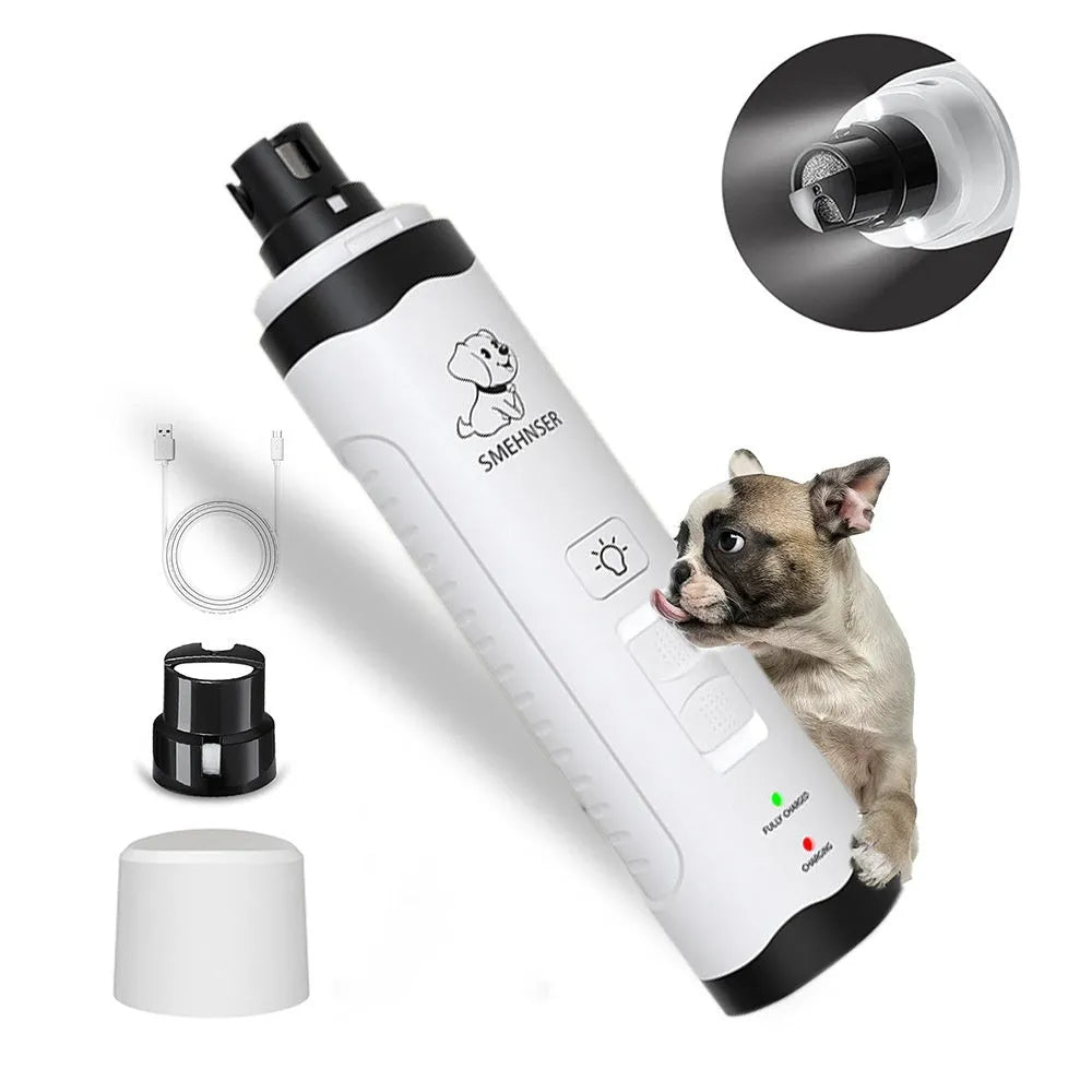 Electric dog nail grinder with LCD screen showing speed settings, UK plug, and dust collection port.