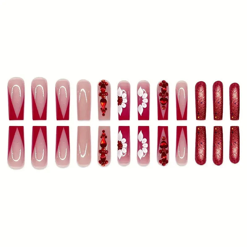 Sweet Flowers pattern false nails in red diamond colour, long European Square shape with glue and file
