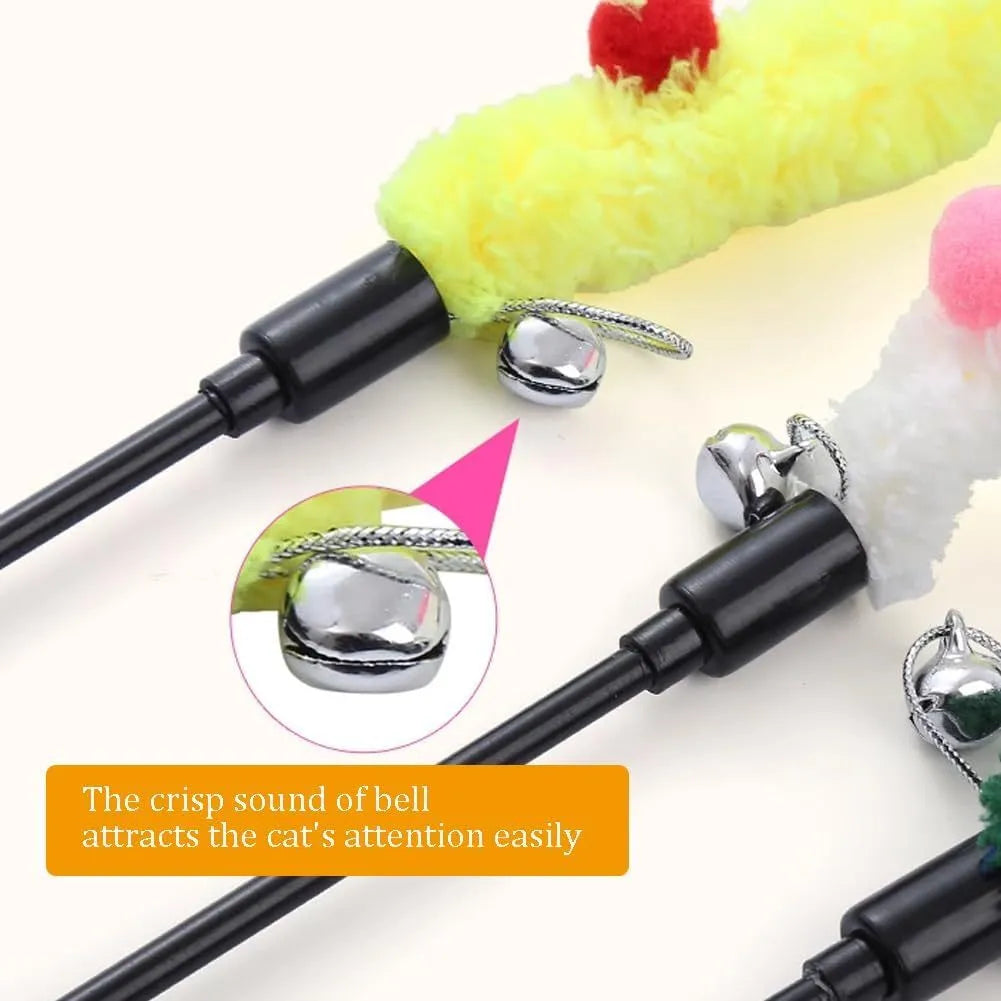 Blue interactive cat wand toy with a long plush strip, fluffy ball, and bell on a 41cm pole.