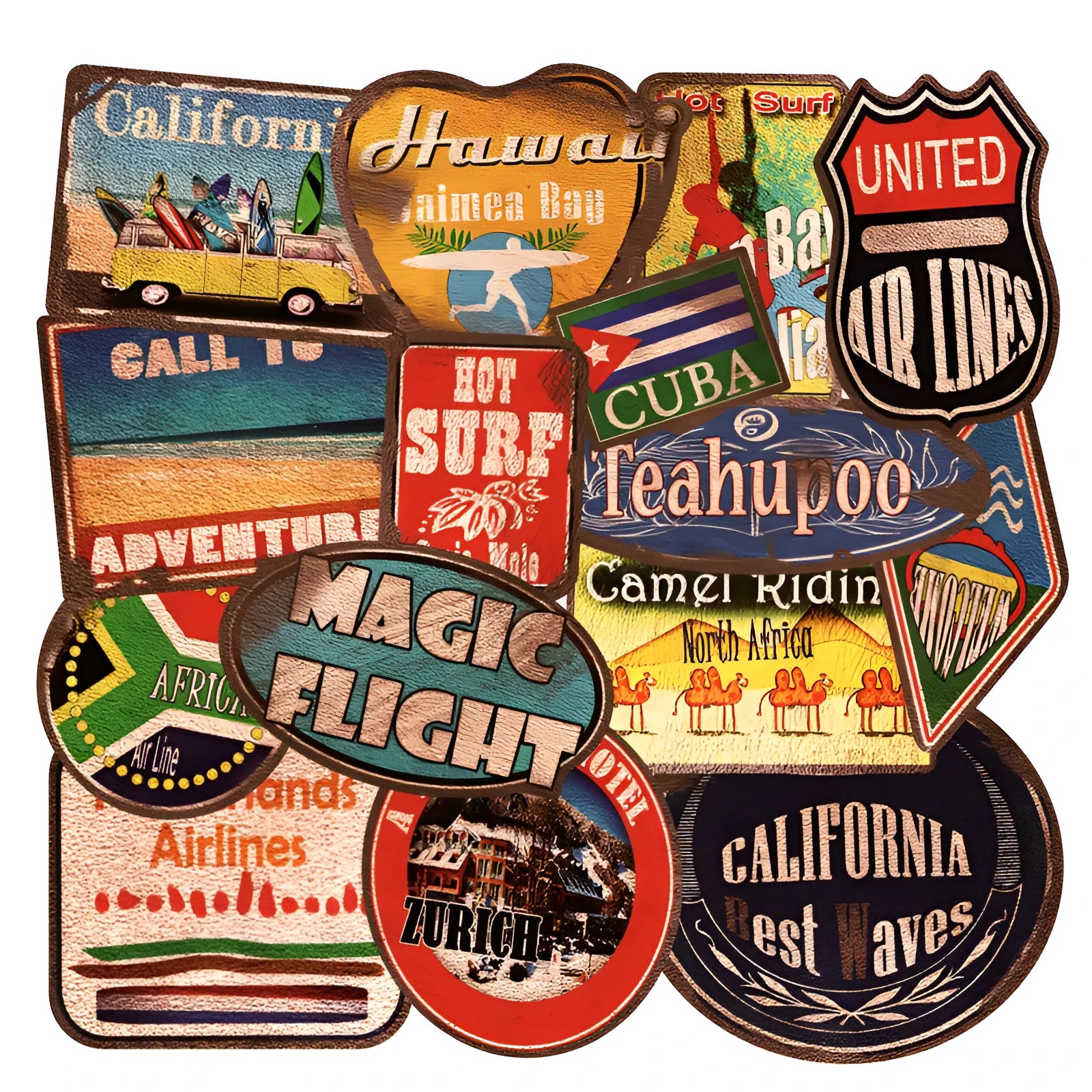 Set of 36 large retro-themed beach and surfing stickers on a sheet, ranging from 6 to 10 cm in size.