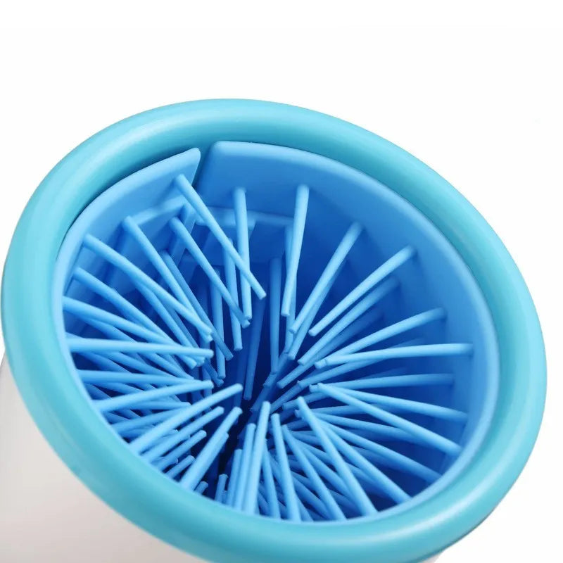 Automatic pet foot washing cup in white blue with silicone brush interior and USB power cable
