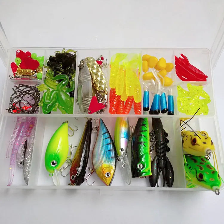 142-piece fishing lure kit with metal pliers and hard mino sequins in multiple colours