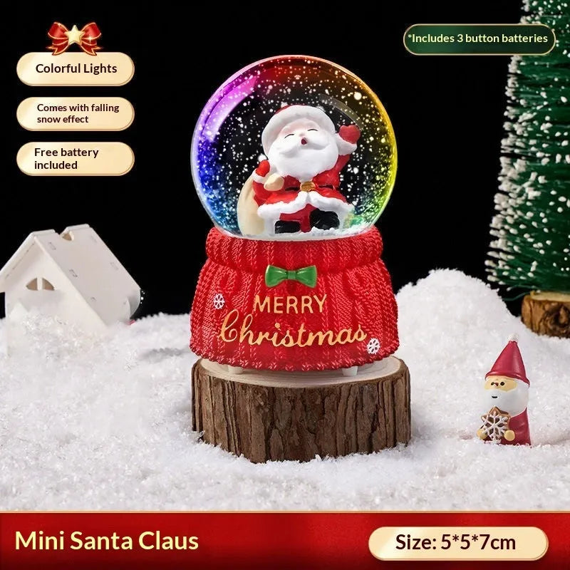 Christmas crystal ball music box with automatic snow, internal lights, and a Santa Claus scene inside a glass dome on a resin base