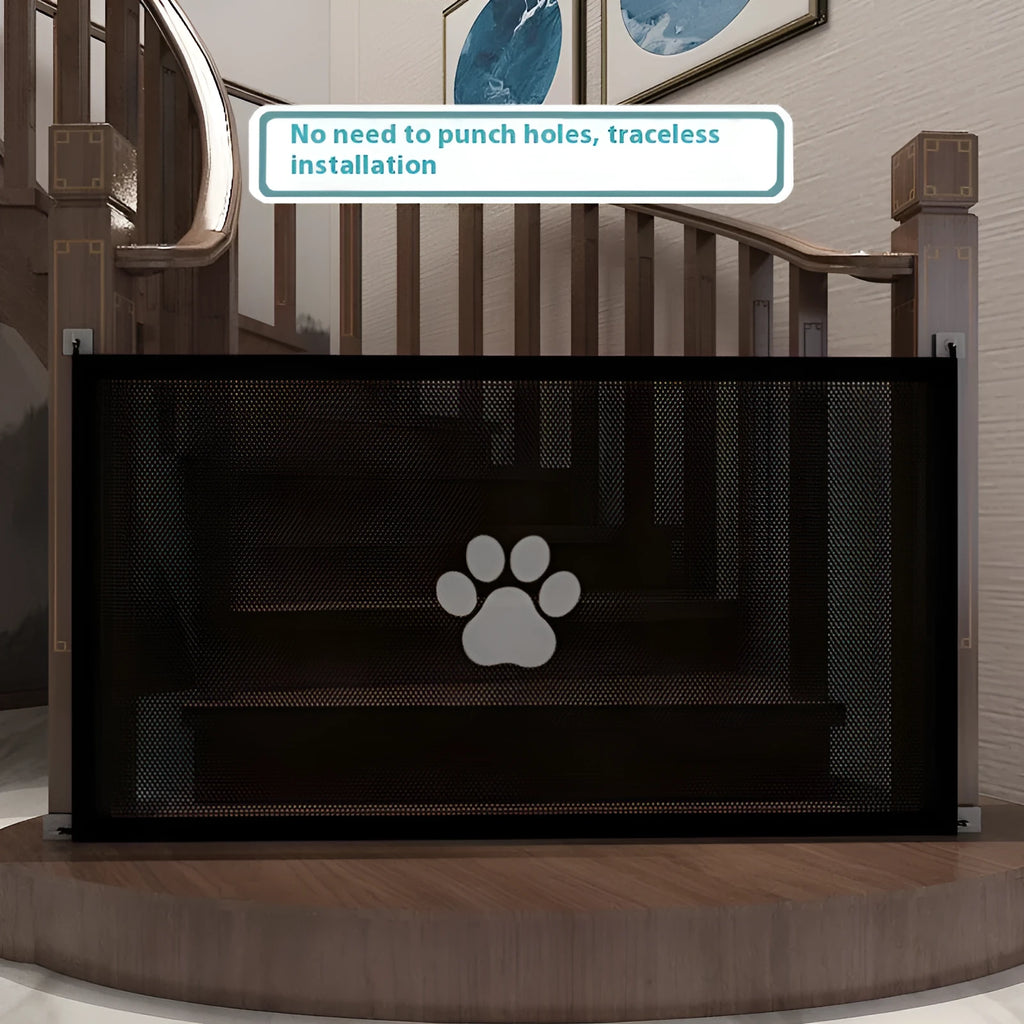 Portable folding dog barrier with pet doorsill showing dog footprint pattern