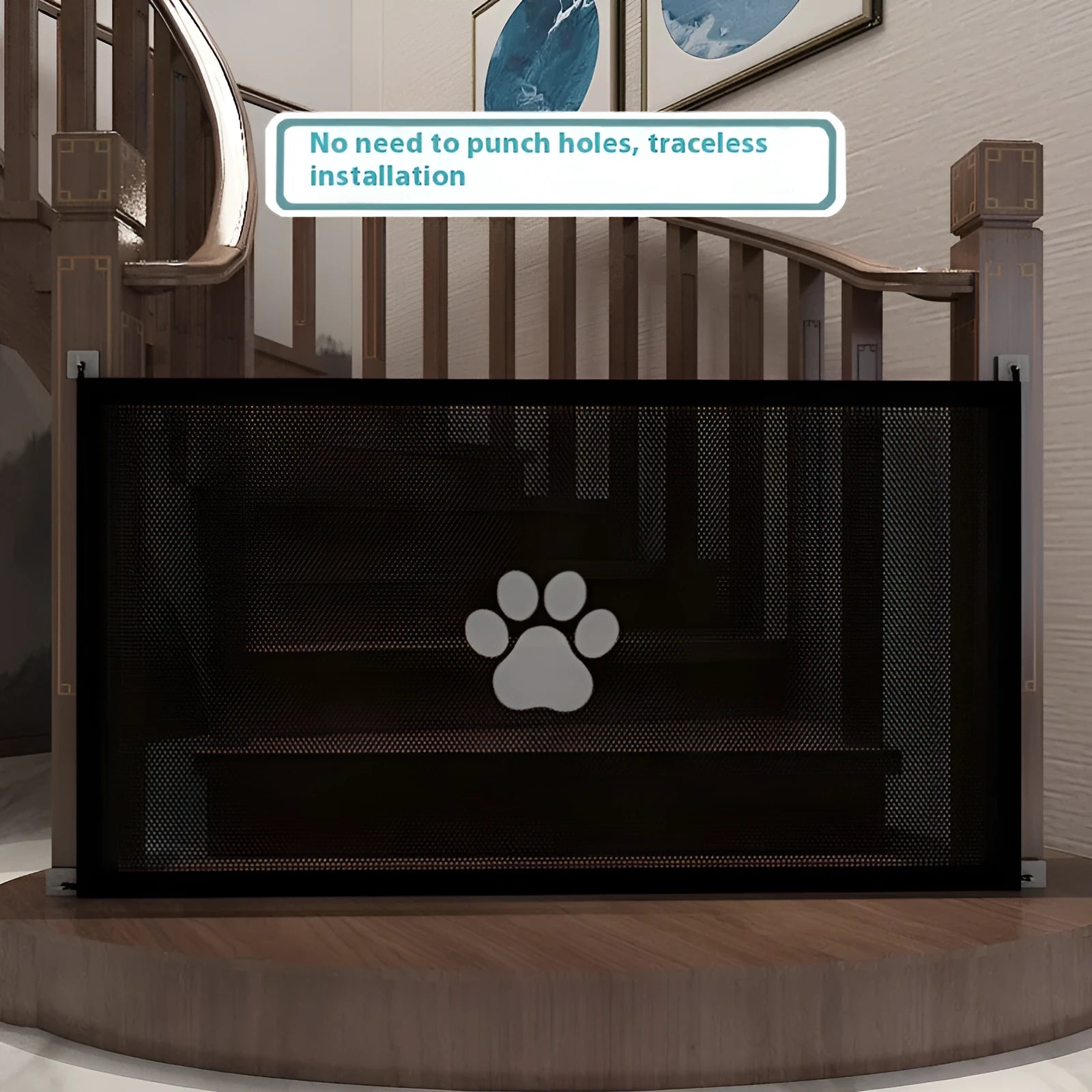 Portable folding dog barrier with pet doorsill showing dog footprint pattern