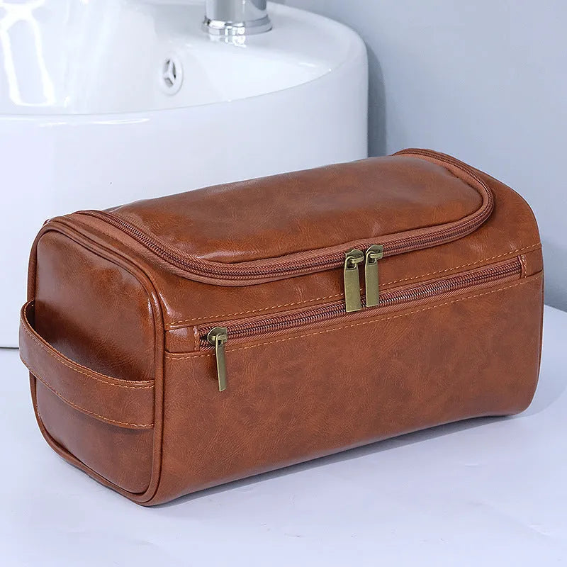 Large capacity waterproof cosmetic bag in retro style, available in PU leather or Oxford cloth materials.