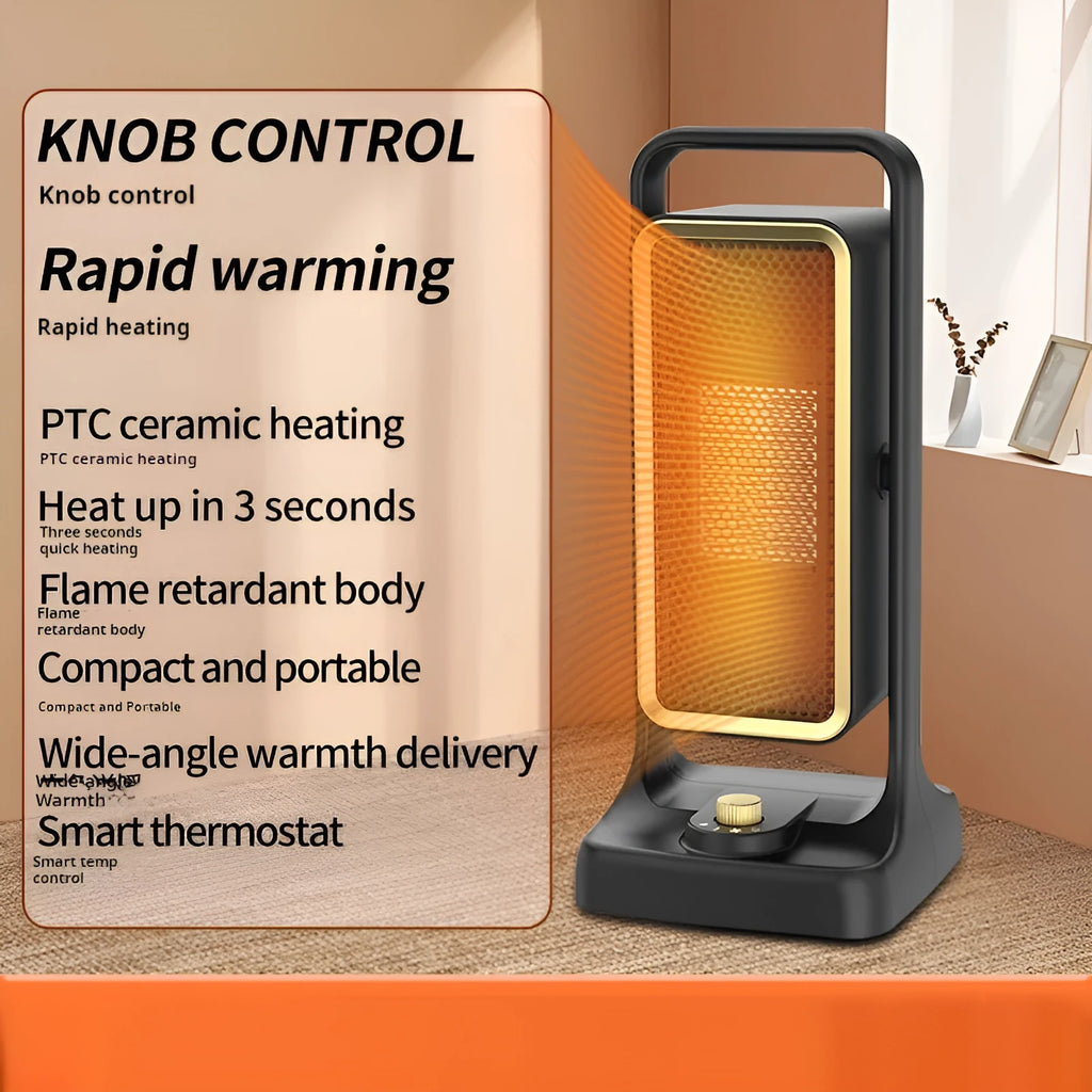 Black PTC ceramic desktop air heater with control knob and compact 14.9x11.1x33.5cm dimensions