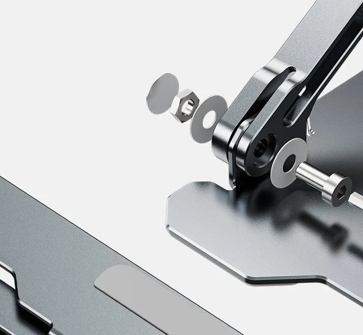 Grey adjustable aluminum laptop stand showing folding mechanism and hollow cooling design