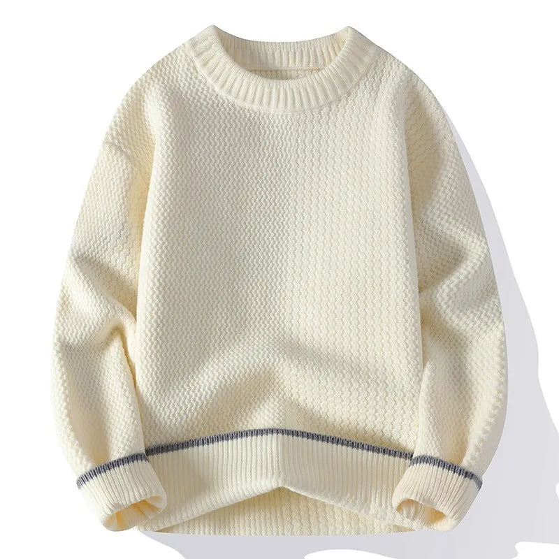 Men's loose fit knit sweater in polyester blend fabric showing round neck and long sleeve design
