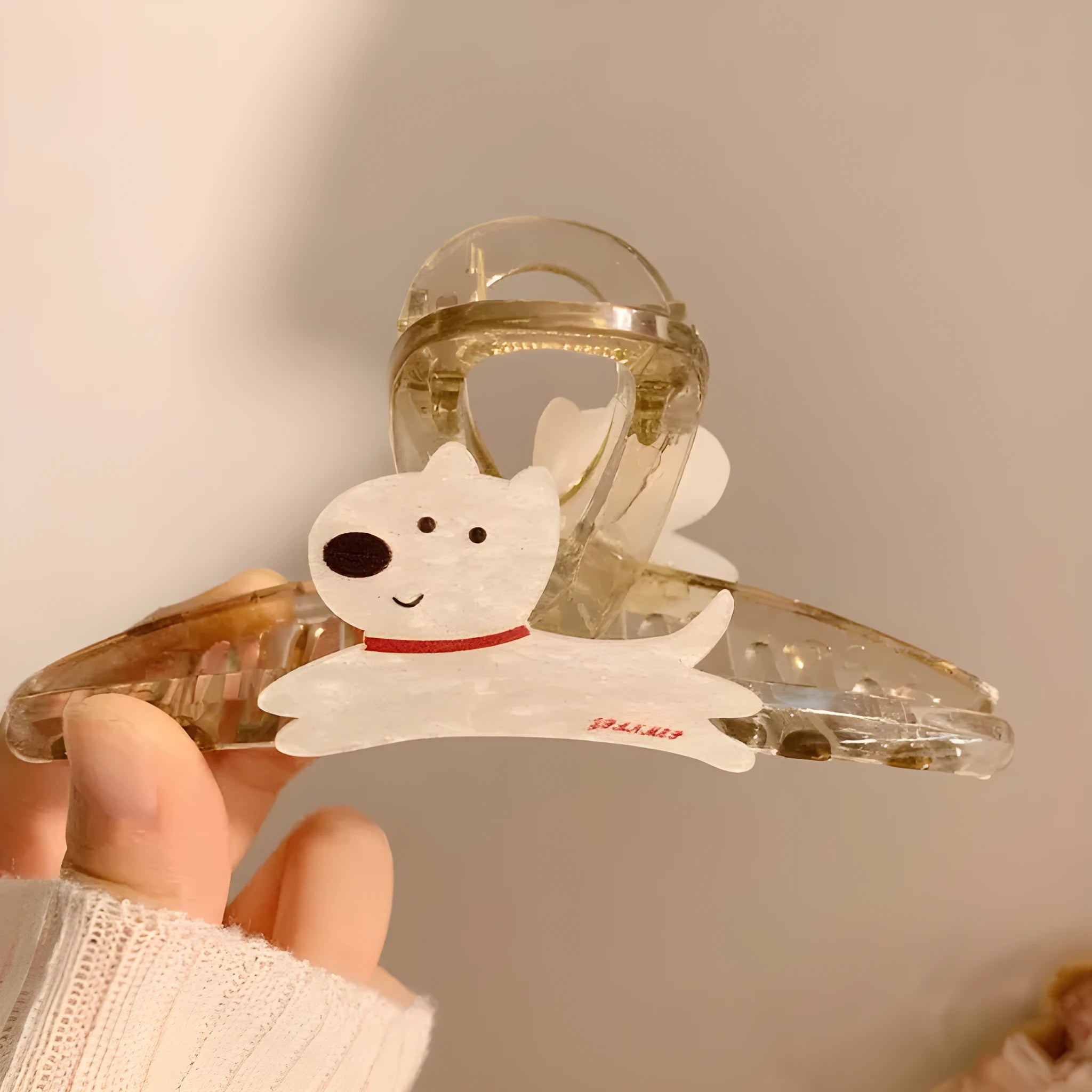 Beige and brown cartoon puppy hair grip barrettes shown in 13cm and 8cm sizes on a white background.