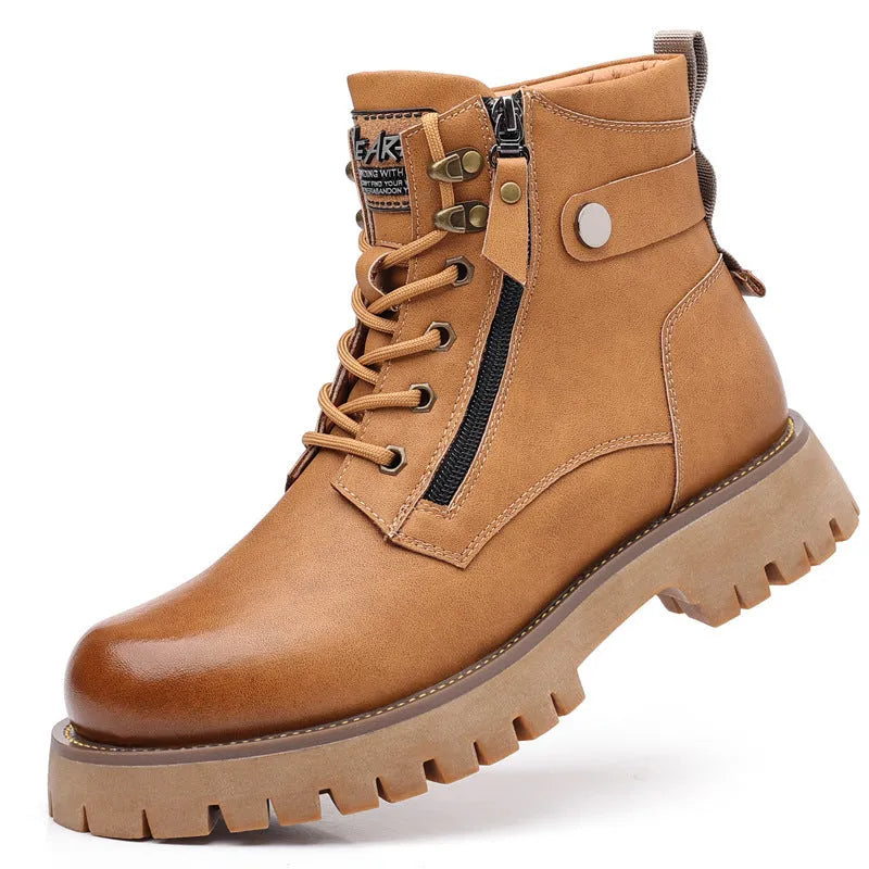 Men's brown leather high-top boots with velvet trim and side zipper closure