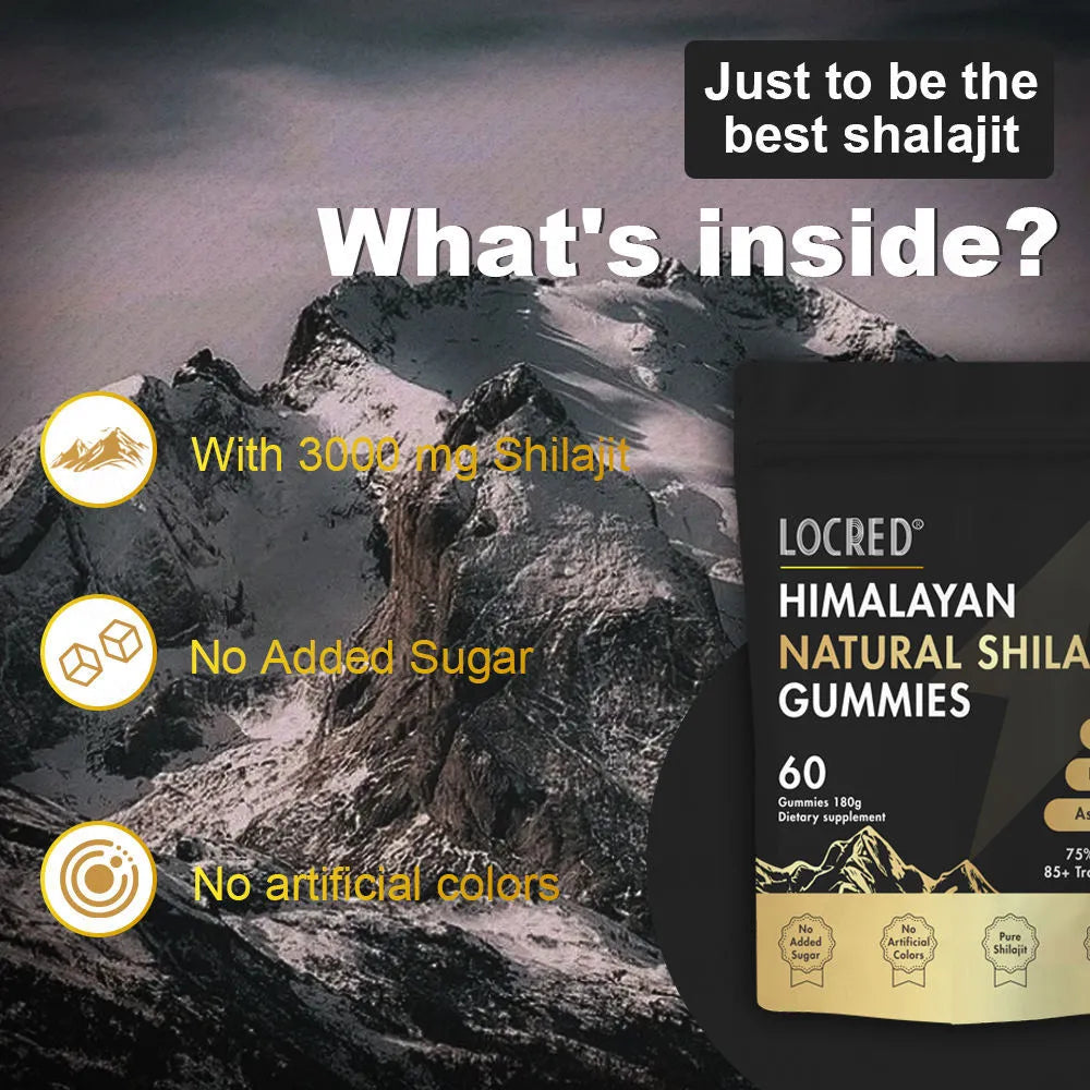 Natural flavoured Shilajit gummies 60 count in a pouch with vegan formula and fulvic acid