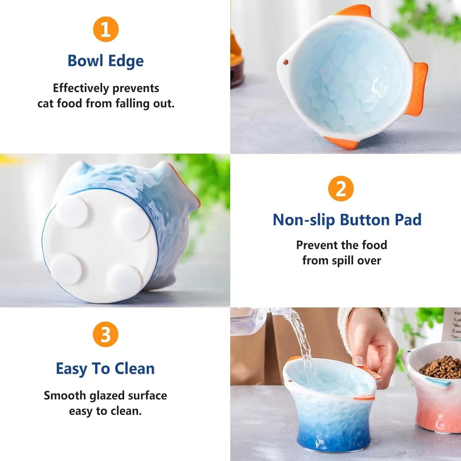 Blue fish-shaped ceramic cat feeder bowl with shallow tilt angle and non-slip base on a wooden surface.