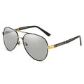 Men's metal frame sunglasses with polarised or colour-changing lenses in black, gold, or silver finishes