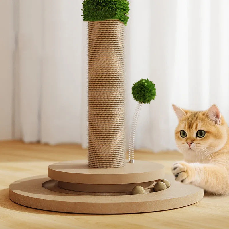 Vertical cat climbing frame with hemp rope wrapped around a density board core and chamfered grab columns.
