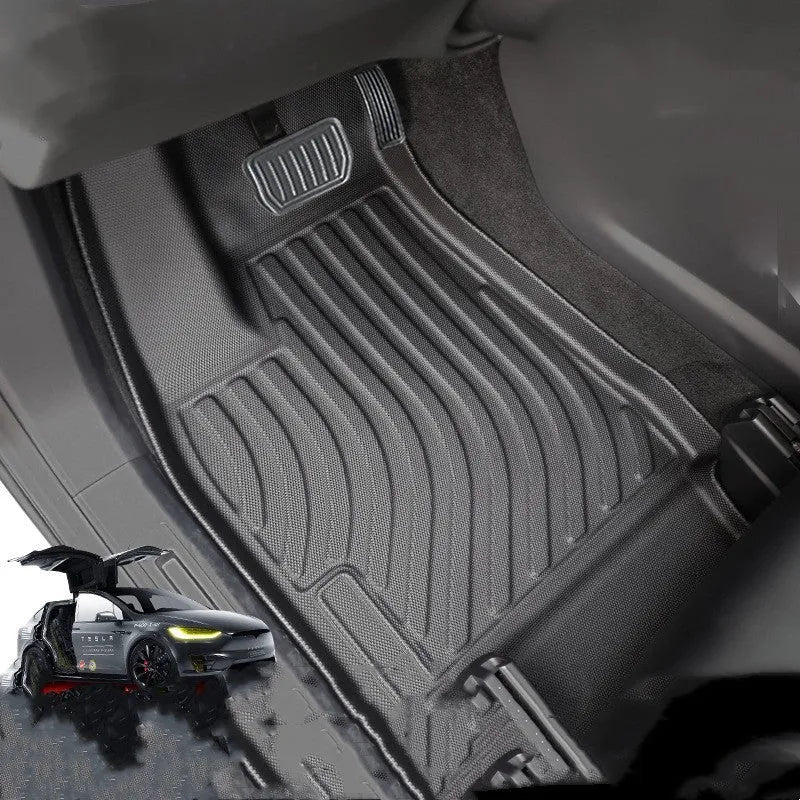 Tesla Model X waterproof rubber foot pads and TPE tailbox liner set for car interior protection.