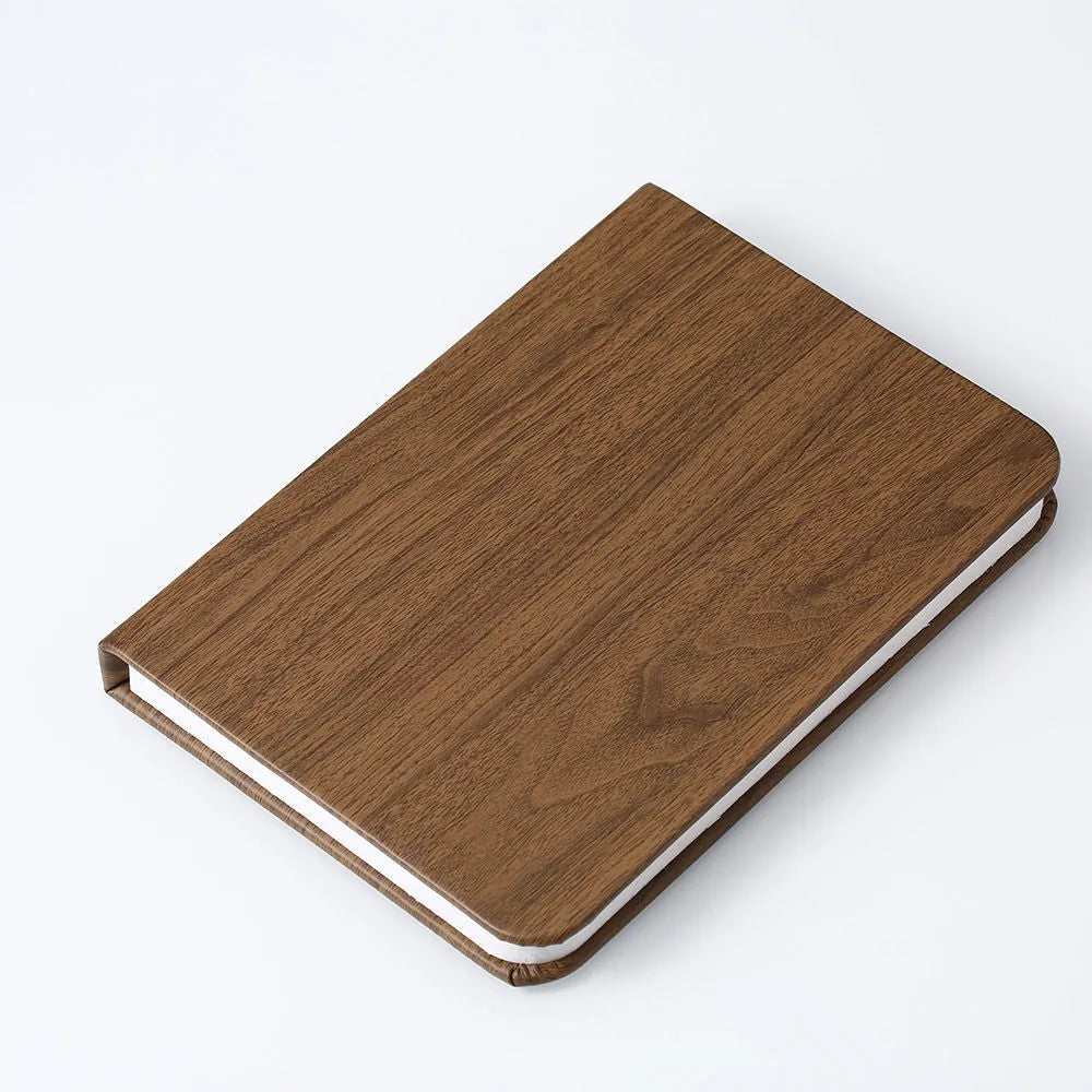 Leather folding small night lamp with tricolour lighting in book style, shown in wood grain finish