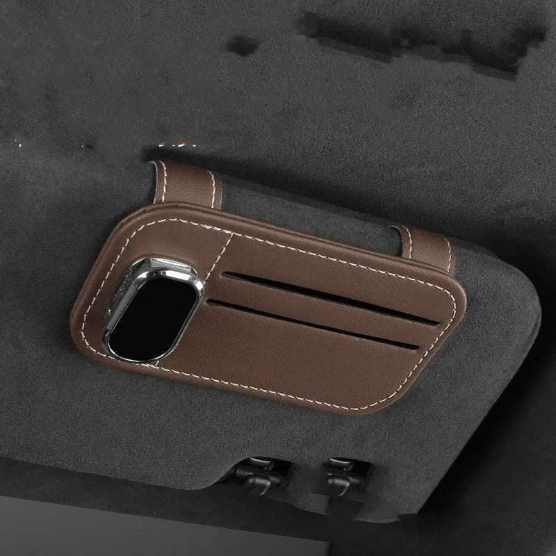 Leather car sun visor card holder with glasses clip function in multiple colour options
