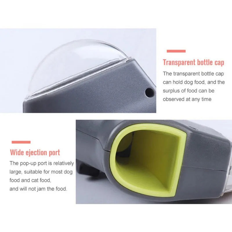Grey pet snack launcher toy measuring 18cm with spring trigger mechanism for 2-3 metre treat launching